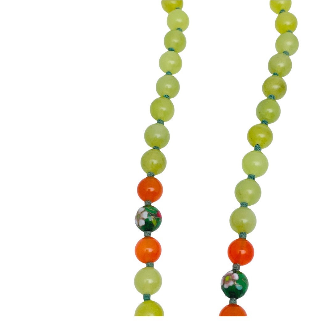 Chinese Jade Cloisonné Sterling Silver Double Hand Knotted Silk Cord Necklace