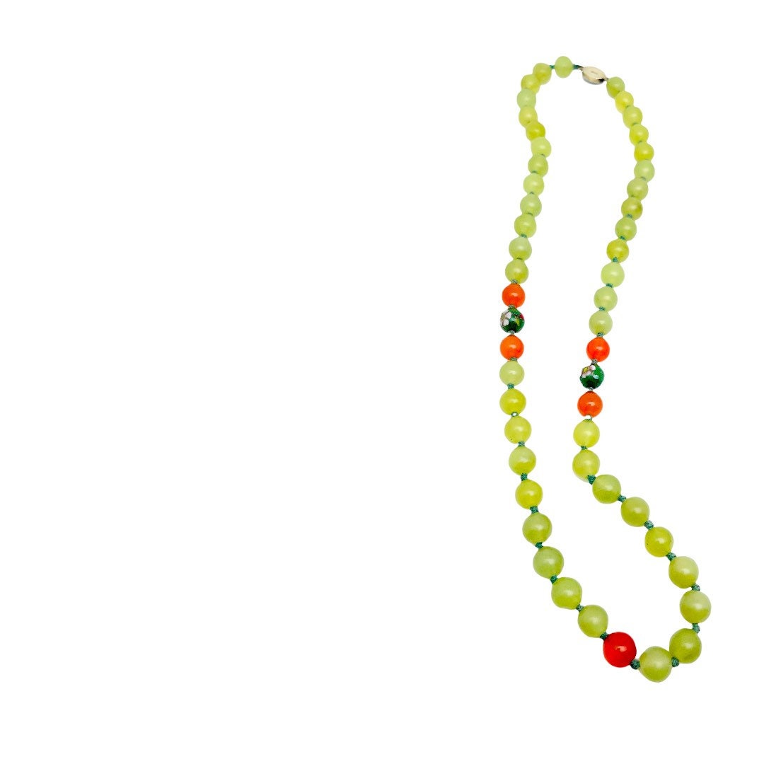 Chinese Jade Cloisonné Sterling Silver Double Hand Knotted Silk Cord Necklace
