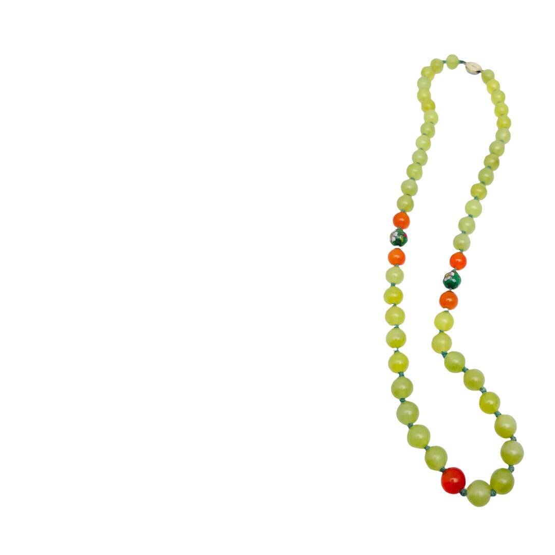 Chinese Jade Cloisonné Sterling Silver Double Hand Knotted Silk Cord Necklace