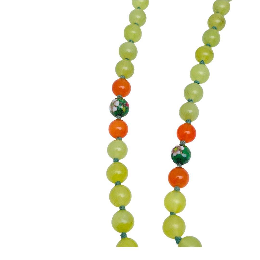 Chinese Jade Cloisonné Sterling Silver Double Hand Knotted Silk Cord Necklace