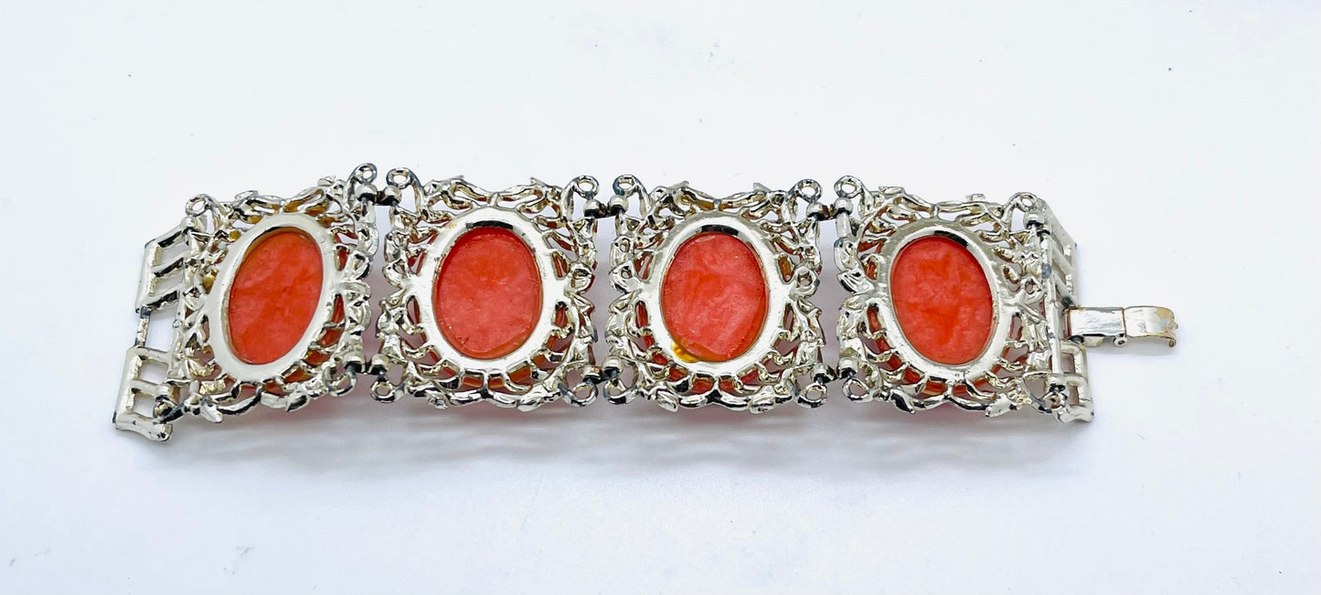 Rare Vintage Unsigned Selro Lucite Floral Silver Tone Book Panel Bracelet in Excellent Condition