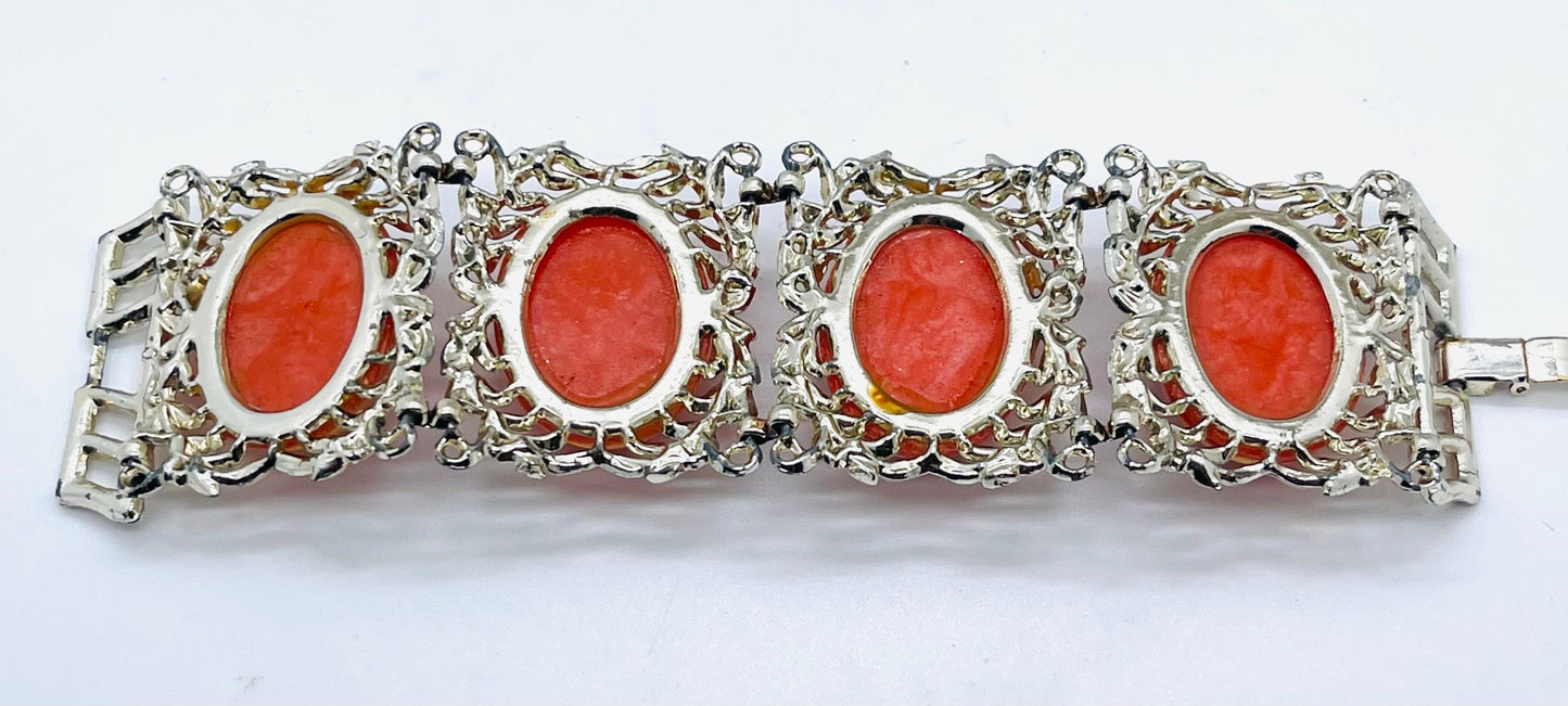 Rare Vintage Unsigned Selro Lucite Floral Silver Tone Book Panel Bracelet in Excellent Condition