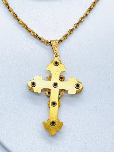 Very Rare Vintage Miriam Haskell Jeweled Cross Pendant & Necklace Excellent Vintage Condition Vintage