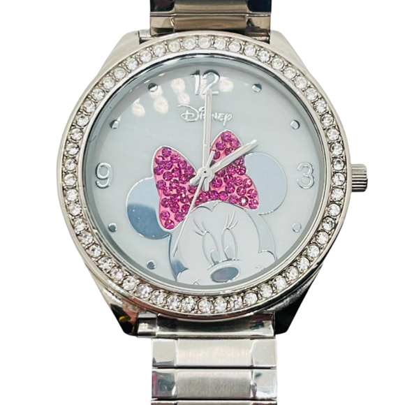 Lot of 2 Disney & Accutime Minnie Mouse Pink/Rose and Rhinestone Watches