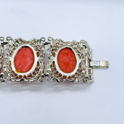 Rare Vintage Unsigned Selro Lucite Floral Silver Tone Book Panel Bracelet in Excellent Condition