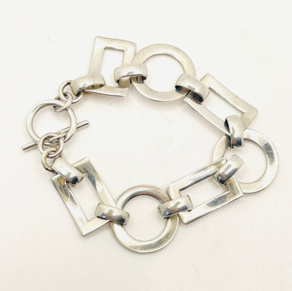 Vintage Sterling Silver Circle and Rectangle Link Bracelet 7”